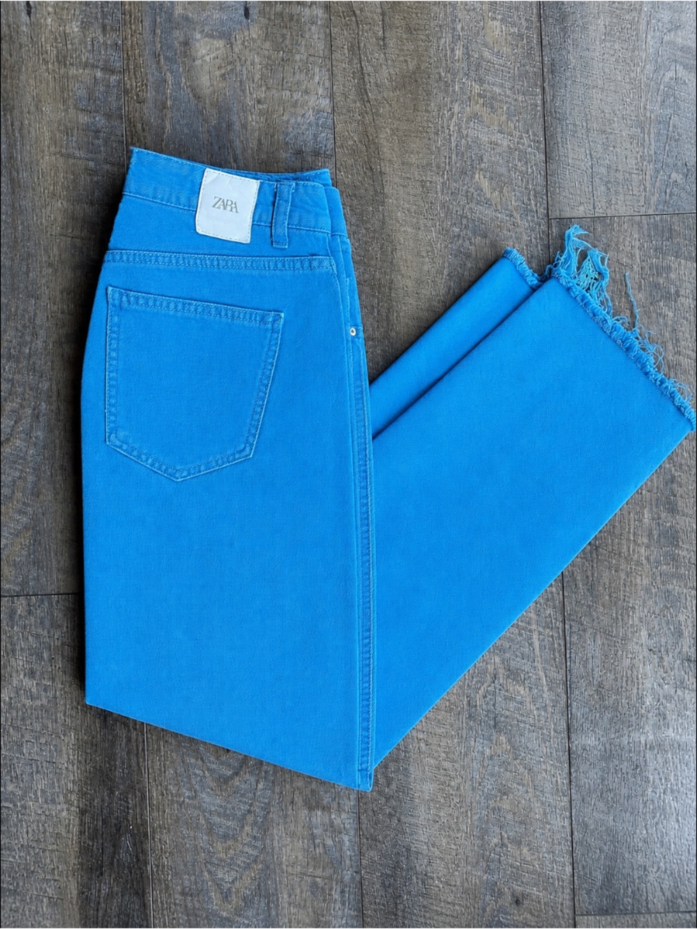 Zara Bright Blue High-Rise Frayed Hem Jeans
